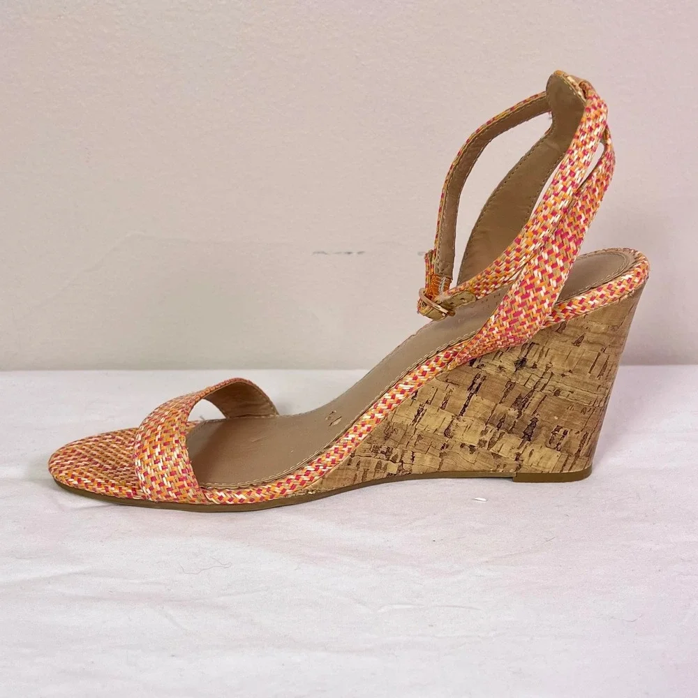 LC Lauren Conrad Wedge Sandals 10 Coral Woven Cork Strappy Boho Summer 160089
